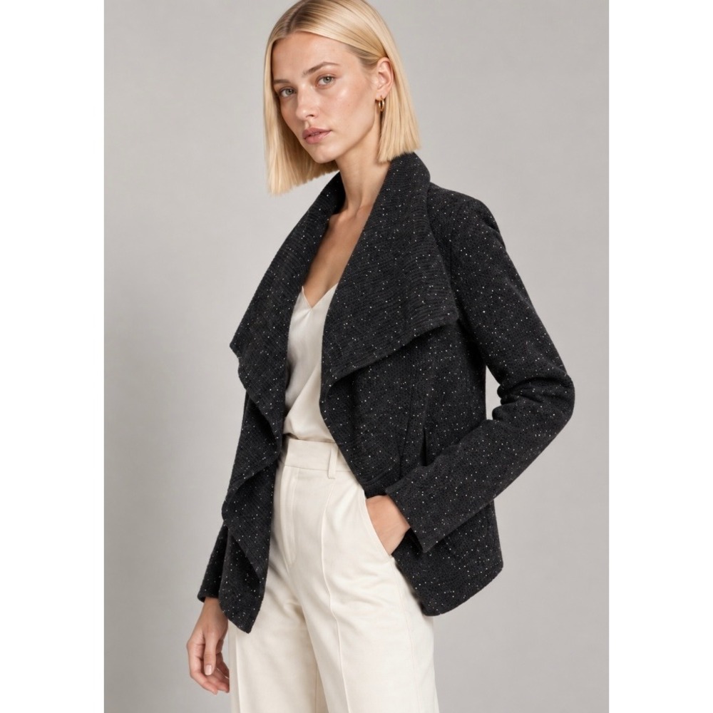 Margaret O'Leary Black Flecked Double Knit Drape Jacket Cardigan Small